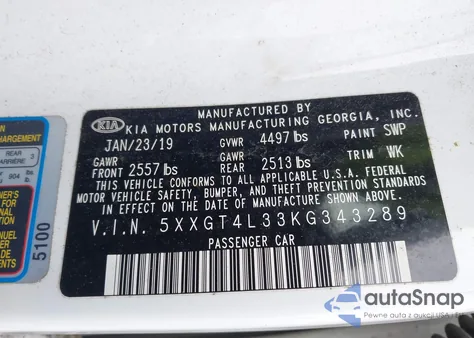 2019 Kia Optima Lx z USA, uszkodzony, nr VIN 5XXGT4L33KG343289